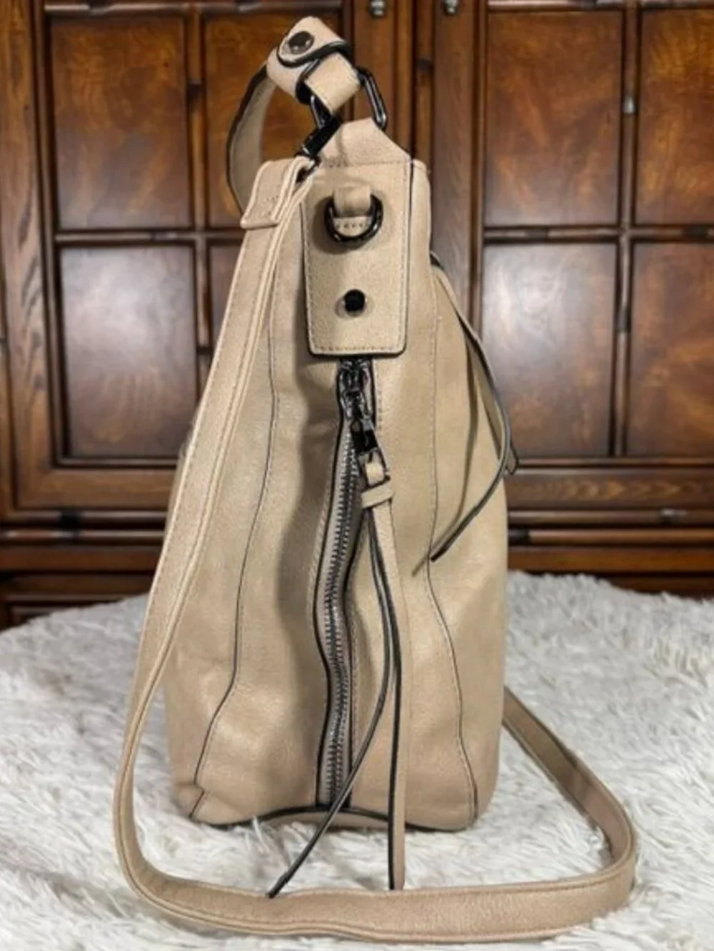 Taupe Tassel Pebble Texture Faux Leather Hobo Crossbody Shoulder Handbag